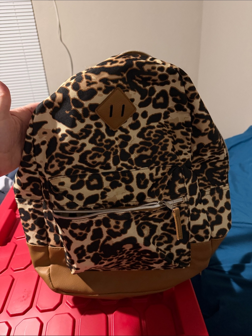 Leopard Print Backpack School Book Bag Faux Leather Trim Missing Top Handle